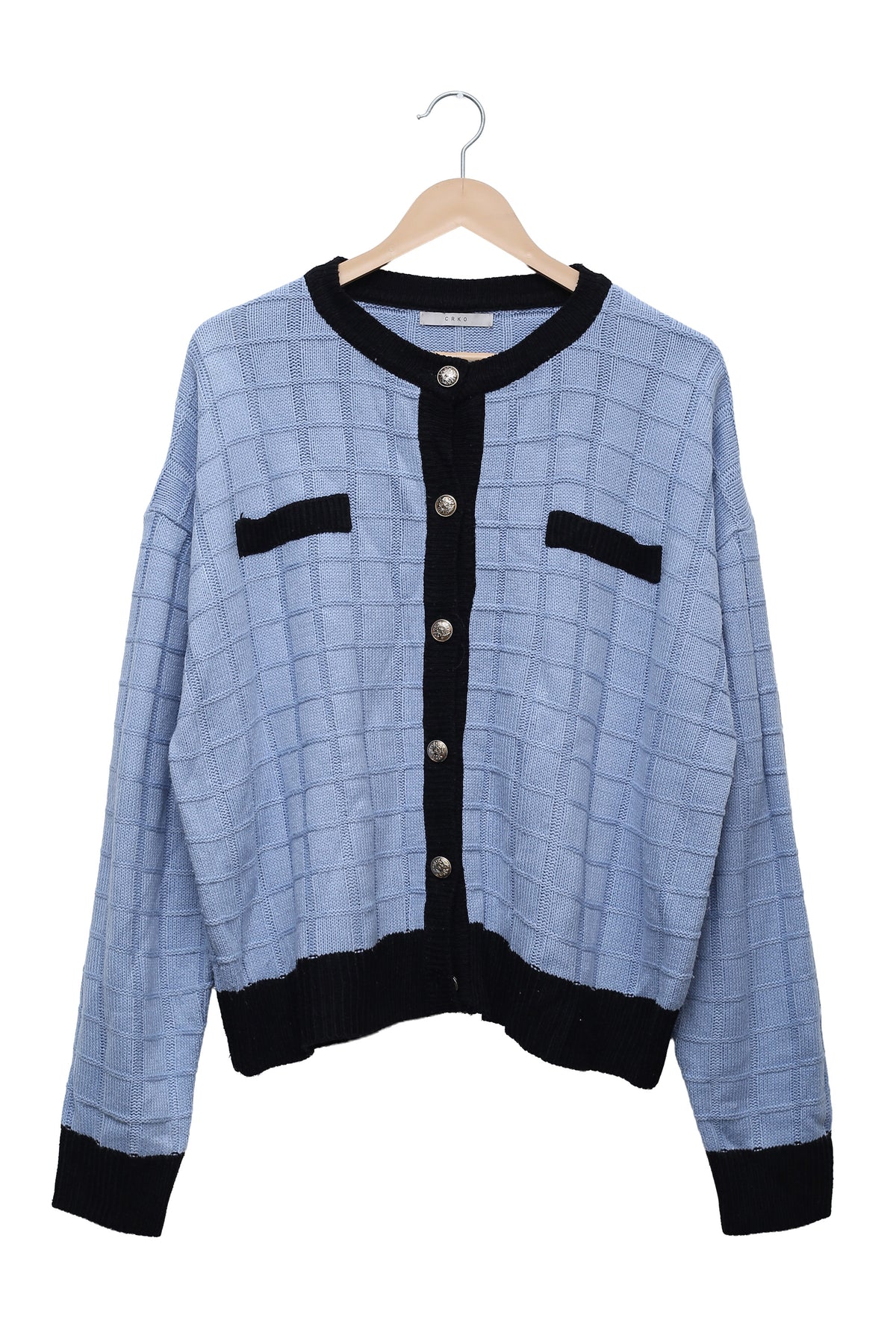 Powder Blue Contrast Grid Cardigan