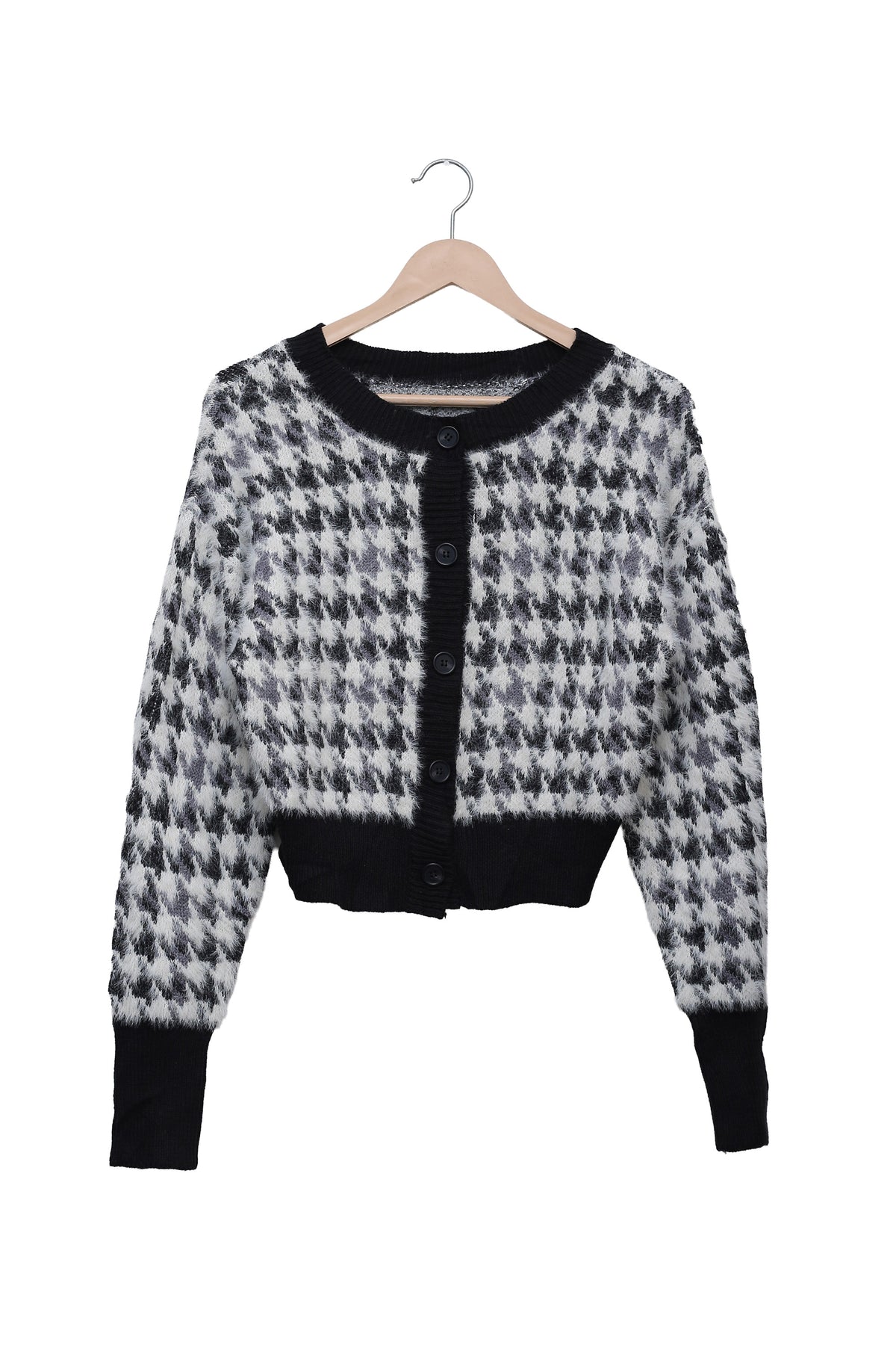 Monochrome Fluffy Houndstooth Cardigan | Sarojini Market Online