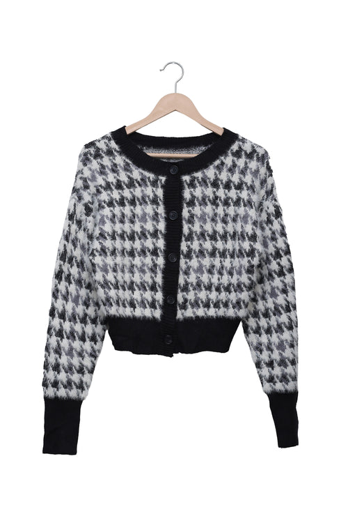 Monochrome Fluffy Houndstooth Cardigan | Sarojini Market Online