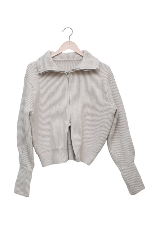 Oat Milk Ribbed Two-Way Zip Cardigan