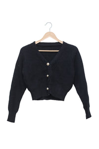 Black Pearl-Effect Button Cropped Cardigan