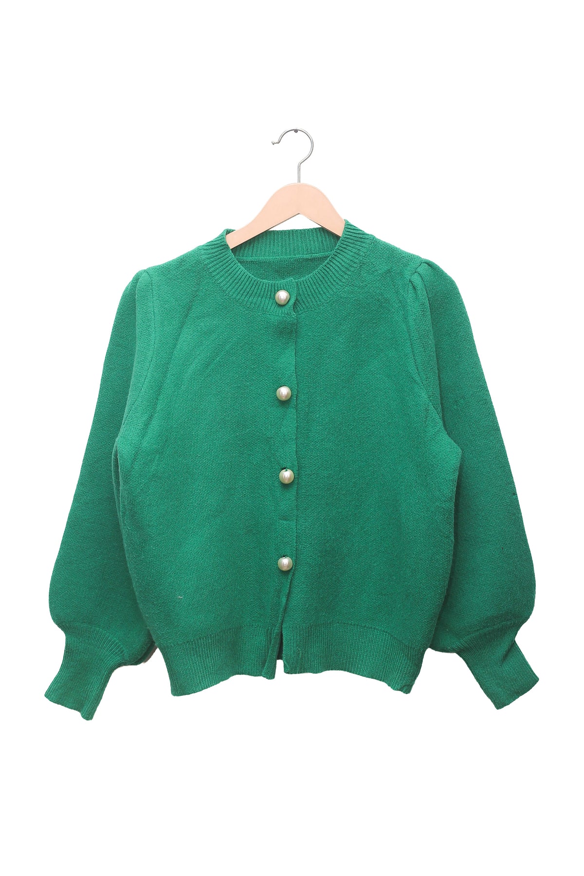 Jade Pearl Puff-Sleeve Cardigan