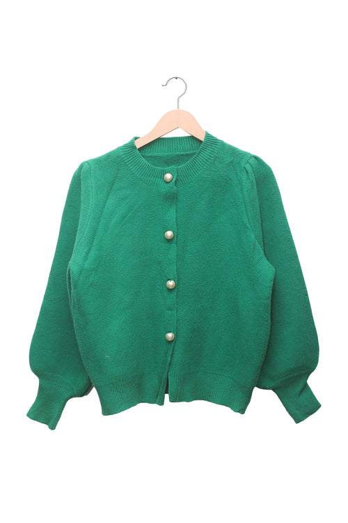Jade Pearl Puff-Sleeve Cardigan
