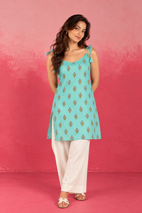 Mint Motif Tie Shoulder Kurti