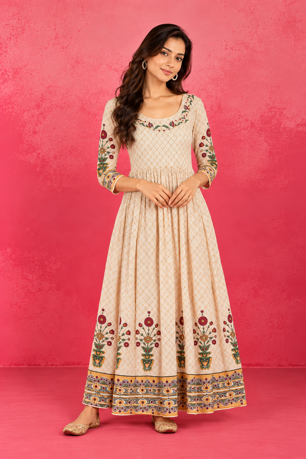 Cream Burgundy Floral Anarkali Kurti