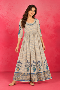 Cream Blue Floral Anarkali Kurti