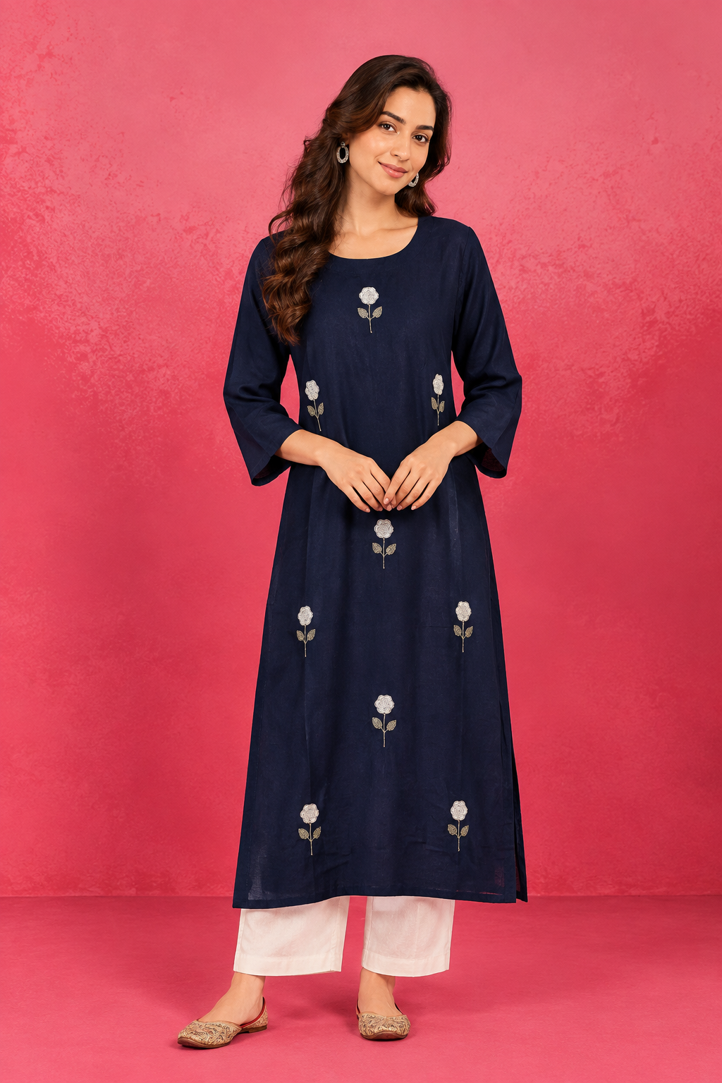 Navy Rose Embroidered Kurti