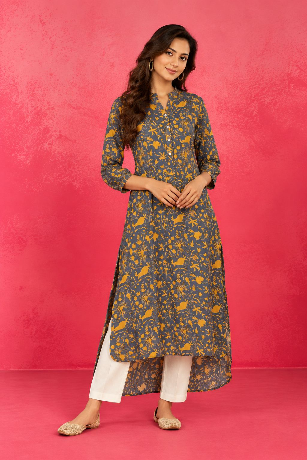 Slate Mustard Botanical High Low Kurti