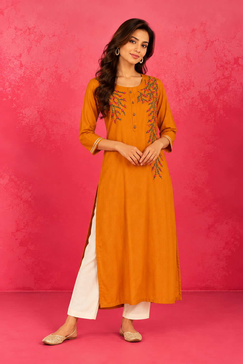 Mustard Floral Vine Embroidered Kurti