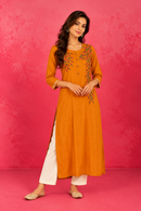 Mustard Floral Vine Embroidered Kurti