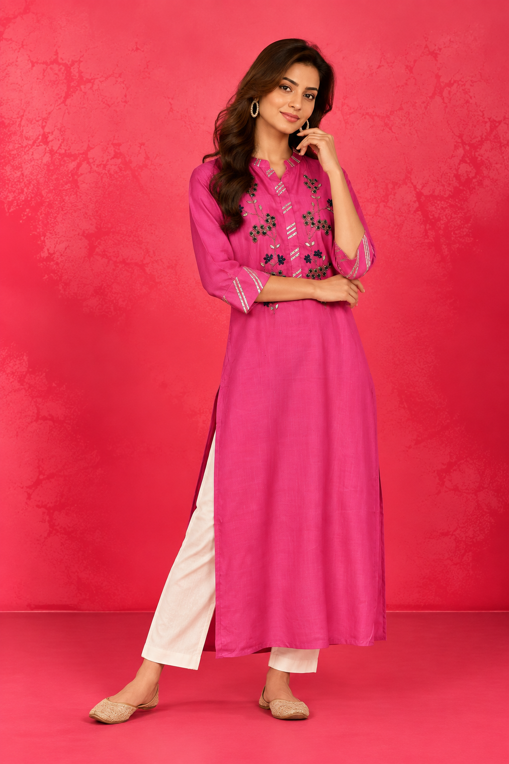 Hot Pink Floral Embellished Kurti