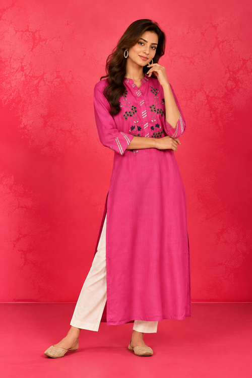 Hot Pink Floral Embellished Kurti