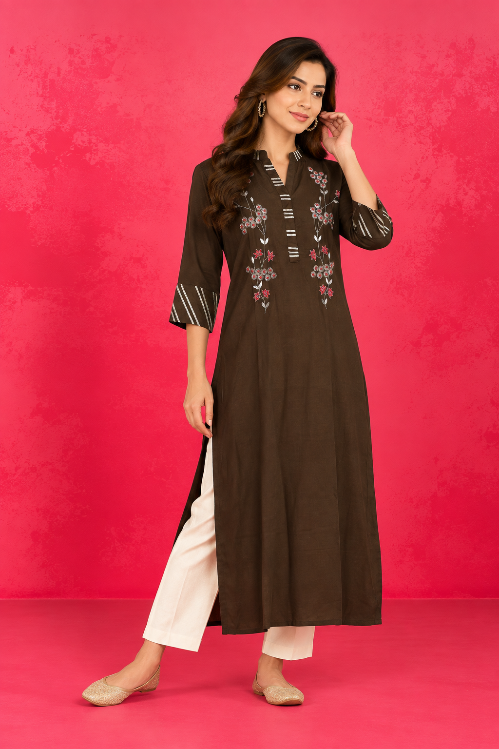 Olive Brown Floral Embellished Kurti