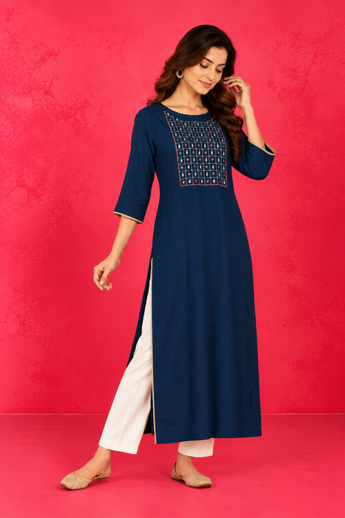 Deep Teal Embellished Grid Kurti