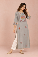 Pearl Grey Floral Embroidered Kurti