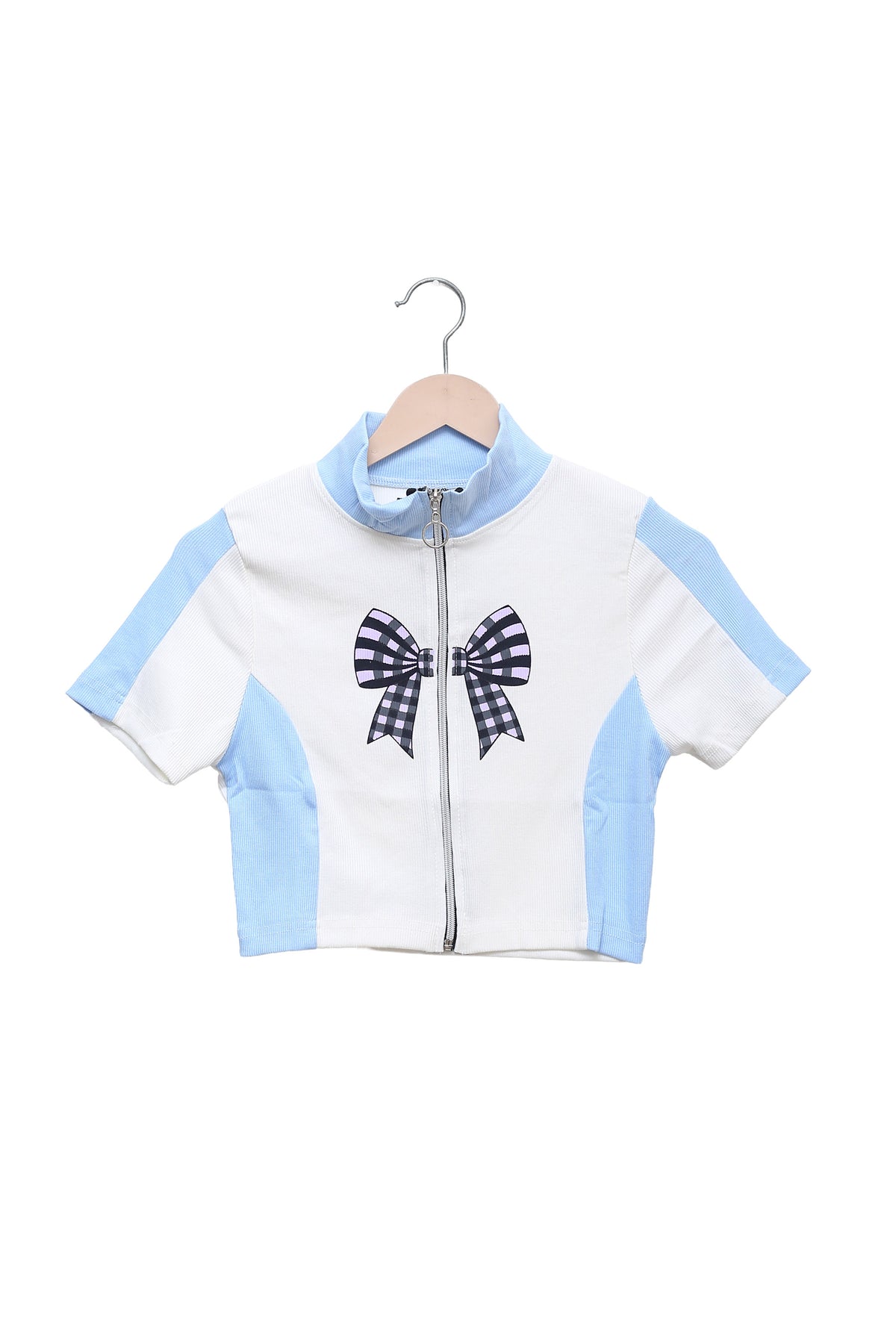 Sky Blue Gingham Bow Zip Crop Top