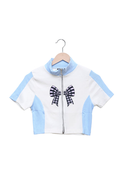Sky Blue Gingham Bow Zip Crop Top