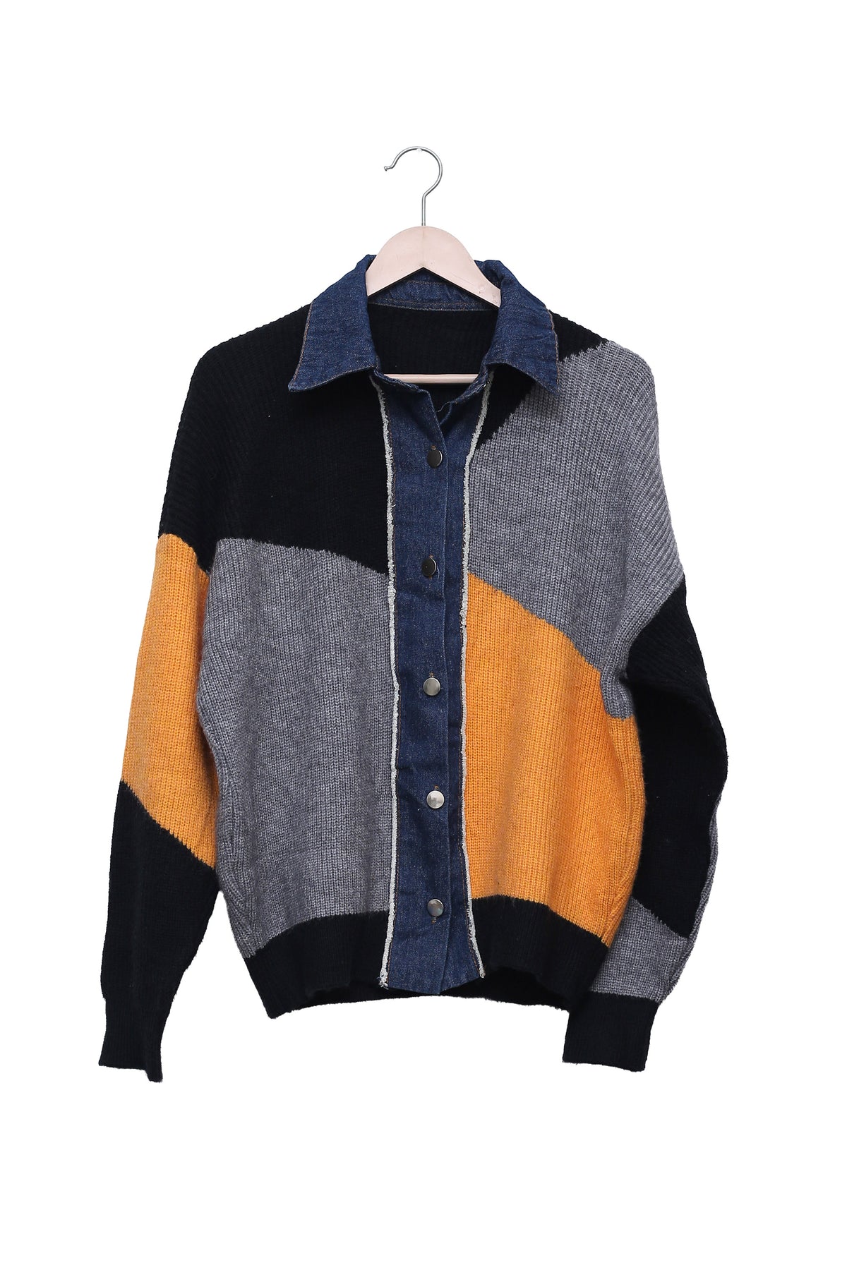 Retro Remix Colourblock Denim Collar Cardigan
