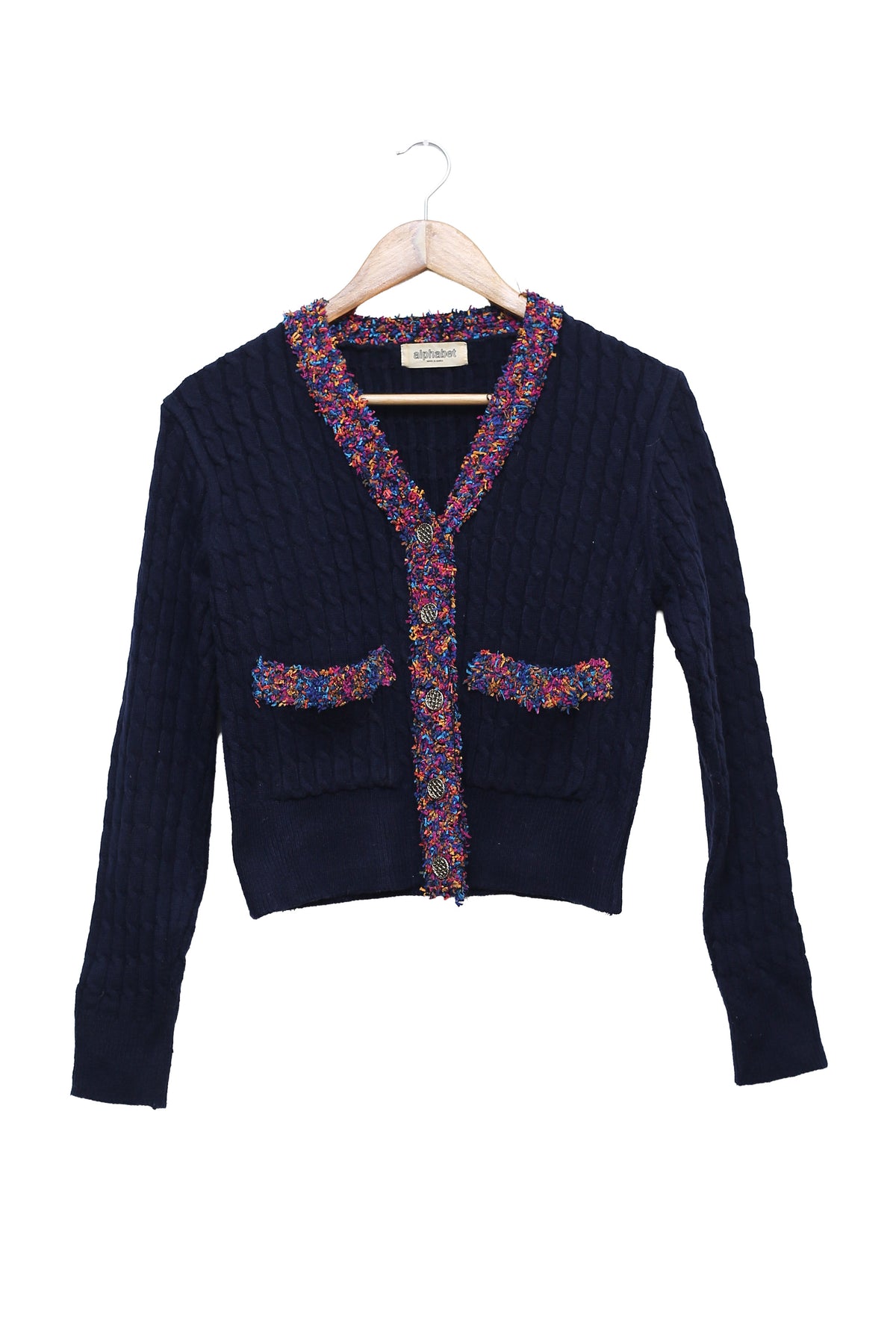 Navy Confetti Trim Cable Cardigan