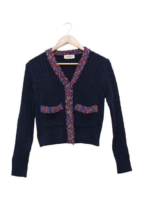 Navy Confetti Trim Cable Cardigan