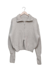 Stone Off-Duty Ribbed Zip Cardigan