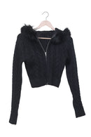Black Plush Trim Cable Zip Cardigan