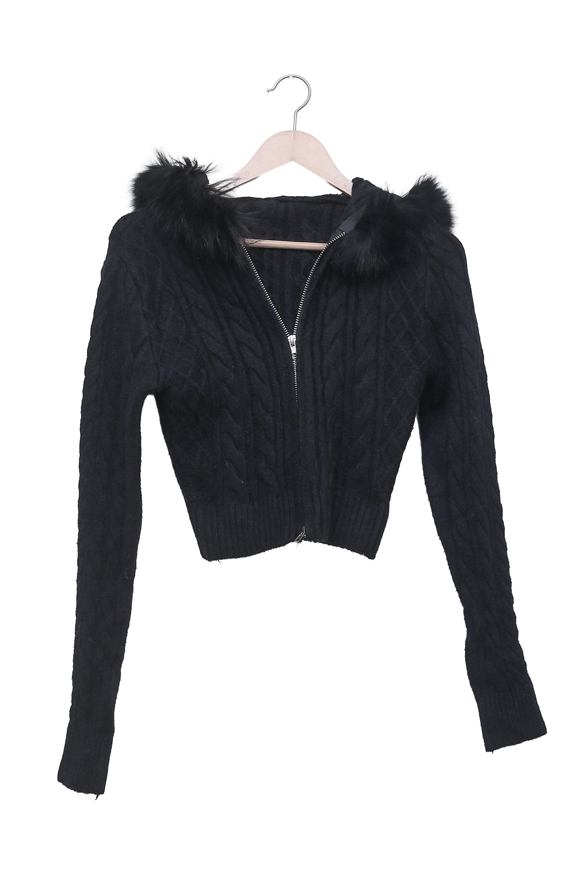 Black Plush Trim Cable Zip Cardigan
