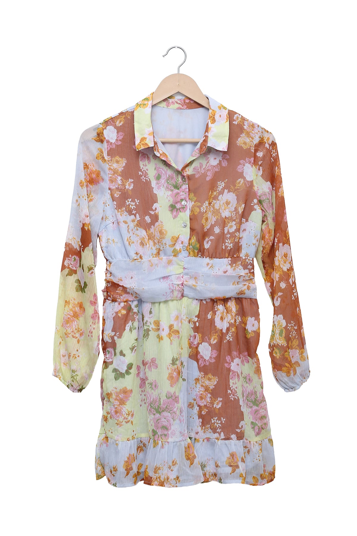 Pastel Floral Ruched Shirt Dress