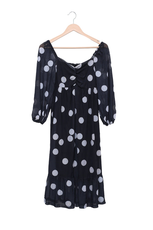 Black Polka Dot Ruched Midi Dress
