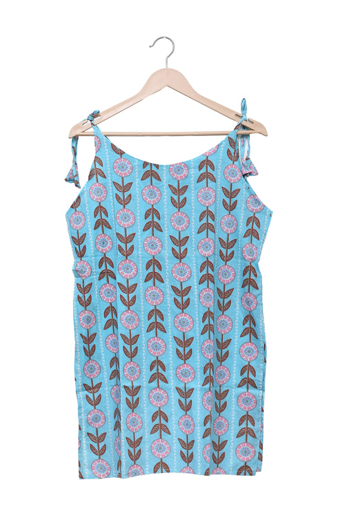 Aqua Retro Floral Tie Shoulder Kurti
