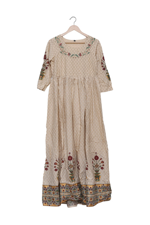 Cream Burgundy Floral Anarkali Kurti