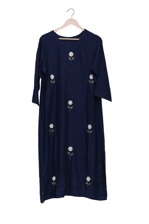 Navy Rose Embroidered Kurti