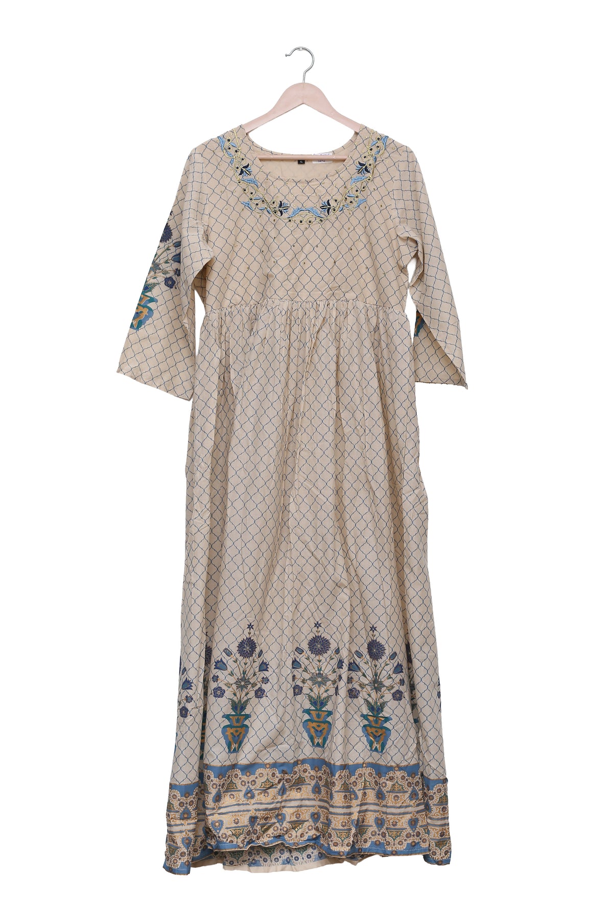 Cream Blue Floral Anarkali Kurti