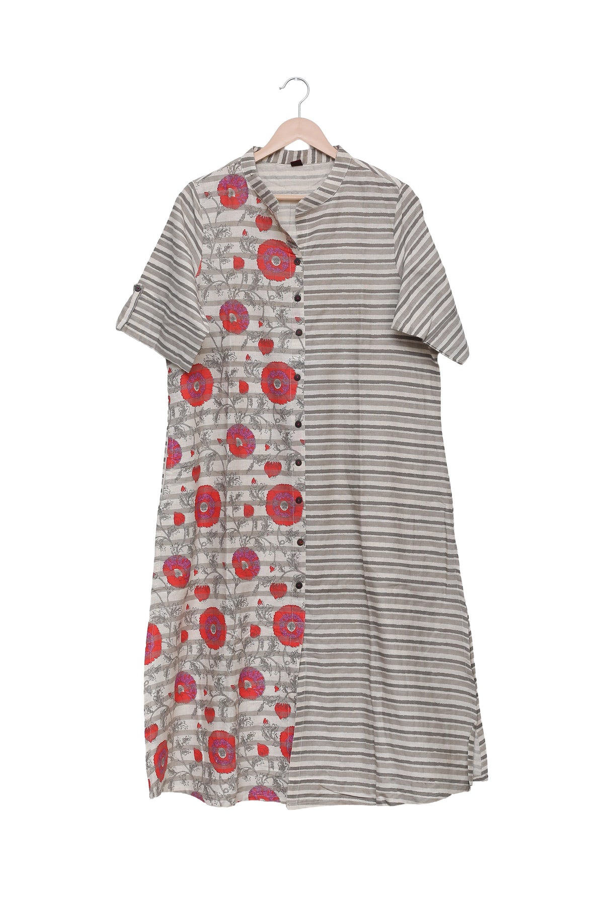 Grey Floral Stripe Button Kurti