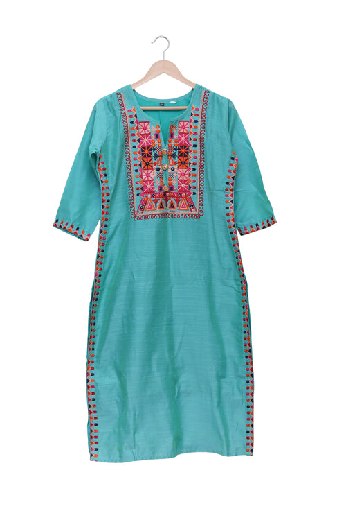 Aqua Geometric Embroidered Kurti