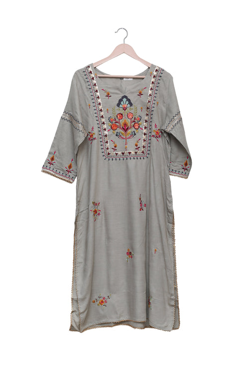 Pearl Grey Floral Embroidered Kurti