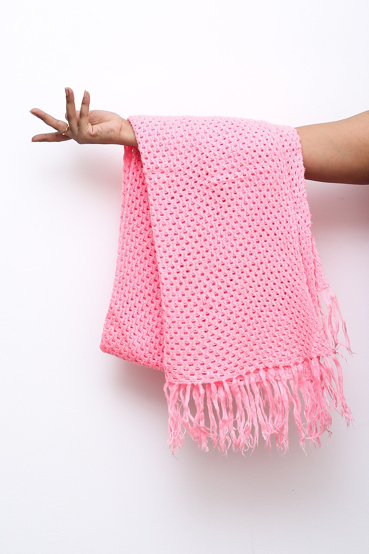 Pink Bubblegum Open Knit Fringe Scarf
