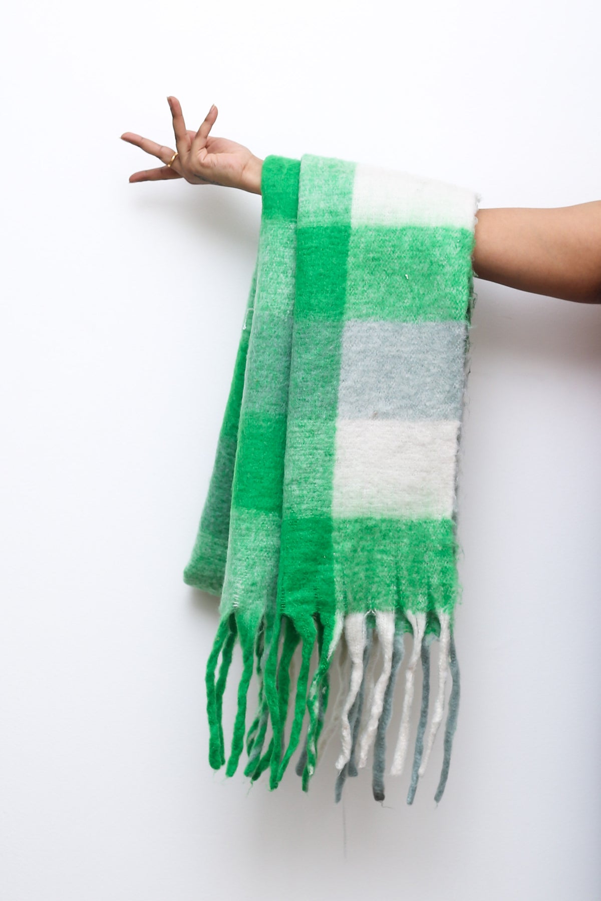 Green Matcha Pop Checked Tassel Scarf
