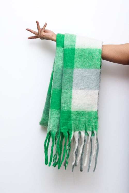 Green Matcha Pop Checked Tassel Scarf